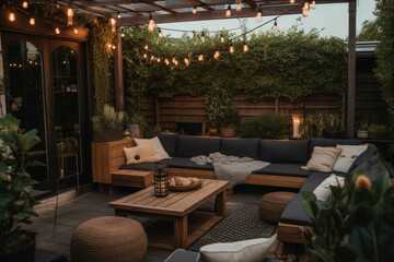 Fototapeta premium A cozy and inviting outdoor patio with comfortable seating, string lights, and lush greenery, perfect for relaxation and entertaining. Generative AI