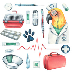 Veterinary set with doctor parrot, pet carrier, medicines. Watercolor illustration, hand drawn. Isolated objects on a white background, for the design of clinics, hospitals, pharmacies, medicines
