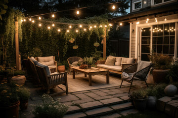 Fototapeta na wymiar A cozy and inviting outdoor patio with comfortable seating, string lights, and lush greenery, perfect for relaxation and entertaining. Generative AI