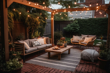 Fototapeta premium A cozy and inviting outdoor patio with comfortable seating, string lights, and lush greenery, perfect for relaxation and entertaining. Generative AI