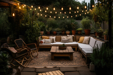A cozy and inviting outdoor patio with comfortable seating, string lights, and lush greenery, perfect for relaxation and entertaining. Generative AI