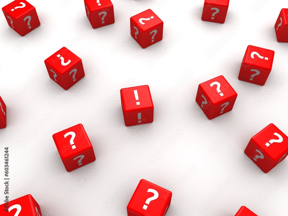 Poster 3d rendered illustration of some red dice with questionmark