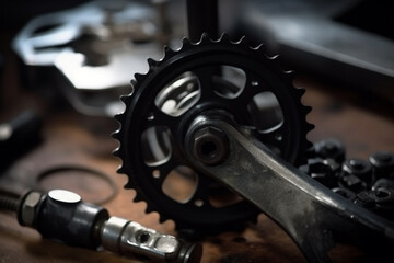 MTB mountain bike parts on table in bike repair shop or garage. Generative AI