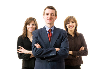 Happy successful business team, isolated on white