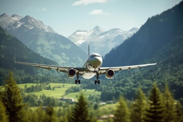 Fototapeta na wymiar Passenger jet airplane landing in the mountains