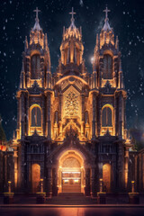 Fototapeta na wymiar Cathedral exterior architecture, night. Generative AI