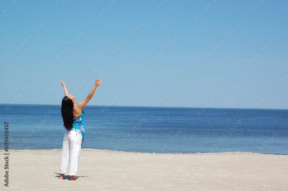 Sticker woman doing exercise on the beach