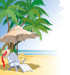 Beach, palm trees, sea, chairs and umbrella.