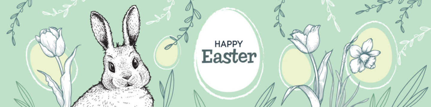 Easter wide banner with hand drawn sketch elements. Easter bunny, spring flowers tulips, daffodils and Easter eggs. Vector design template.