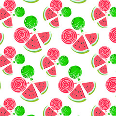 seamless pattern with painted watermelon and lollipops