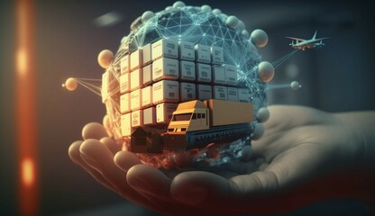 Transport and logistics Hand holding global network.Generative AI.