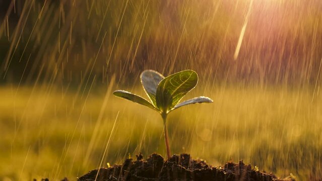 Raindrops water young green tree sprout planted in fertile plowed soil ground closeup. Drops of water glisten in sunset light with golden warm glow. Care for new life of seedling in vegetable garden