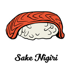 Sake nigiri sushi with salmon fish meat and rice wrapped in nori seaweed. Japanese outline vector hand drawn sushi rolls illustration isolated on white for sushi menu, restaurant, site.