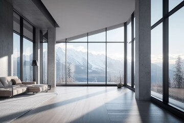 Fototapeta premium modern cozy bright Entrance Hall with large panoramic windows overlooking the Alps. Generative AI