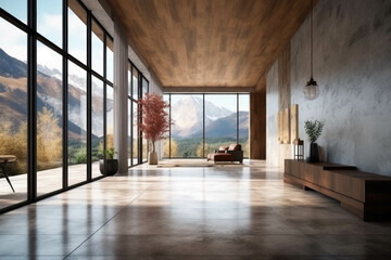 modern cozy bright Entrance Hall with large panoramic windows overlooking the Alps. Generative AI