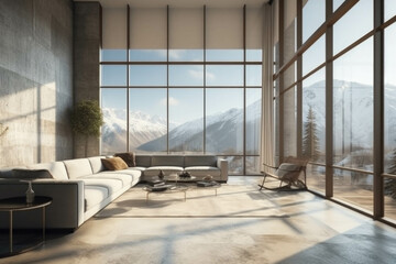 modern cozy bright Entrance Hall with large panoramic windows overlooking the Alps. Generative AI