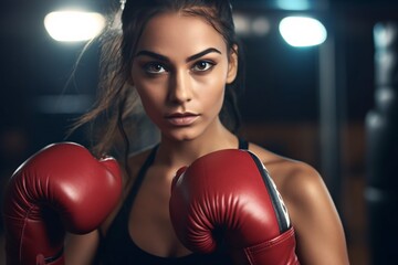 Latin young woman boxer preparing for boxing fight. Fitness mid adult woman preparing for boxing training at gym. Beautiful strong sportswoman. Generative AI.