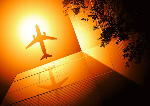 Looking up to Office buildings and an airplane. Vector illustration