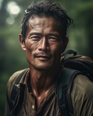 Middle-Aged Asian Man Hiking in the Forest, Backpacking Hiker Photorealistic Portrait Illustration [Generative AI]