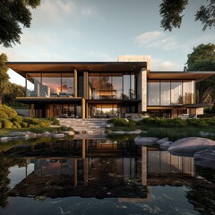 Obraz premium Luxurious villa with small water pond generative ai