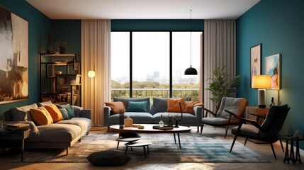 modern living room with big window generative ai