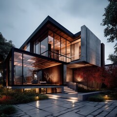 A modern luxurious home, breathtaking architecture, lots of glass concrete generative ai