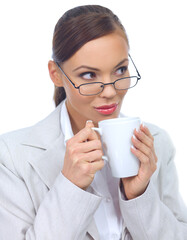 Portrait of beautiful and young business woman with coffee cup