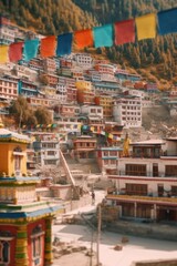 A panoramic shot of a Tibetan town with traditional architecture, including colorful buildings and prayer flags