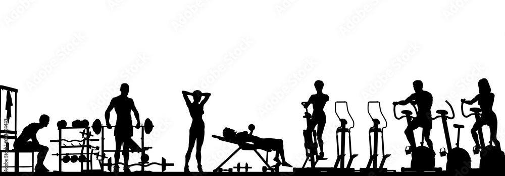 Fototapete editable vector foreground of a gym scene in silhouette with all elements as separate objects