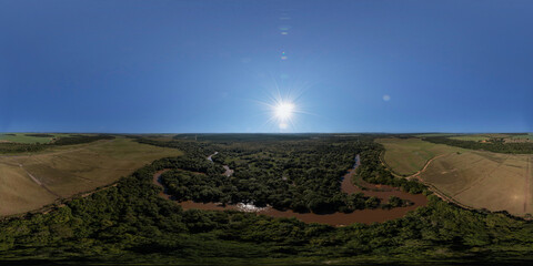 360 degrees panoramic view of part of the Jacare Pepira river and riparian forest in Bariri, Sao Paulo, Brazil