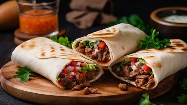 Turkish shawarma with beef and salsa sauce in pita bread