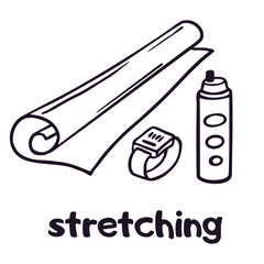 Stretching equipment: smart watch, water bottle, yoga mat. Stretching sign, emblem. Vector doodle sport equipment logotype isolated. Outline illustration.