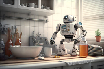 Home cleaning robot cleans the kitchen, Generative AI