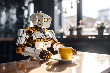 A robot in a cafe with a cup of coffee, Generative AI