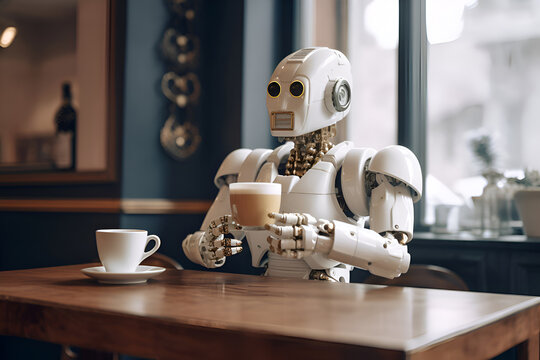 A robot in a cafe with a cup of coffee, Generative AI 2