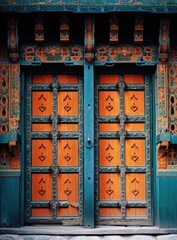 The old wooden yak's doors detail - oriented light indigo and orange generative ai