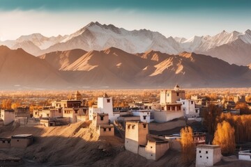 View the landscape and cityscape of leh ladakh village with Himalaya mountain range from the viewpoint of leh stok palace while - obrazy, fototapety, plakaty