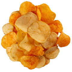 Heap of potato chips isolated on transparent background. Mouthwatering chip that is coated in a savory and spicy seasoning