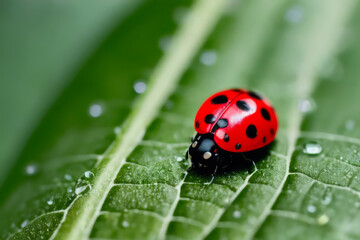 Digital macro photo of a ladybug with water drops sits on a leaf. The concept of ecological environment. Generative AI
