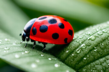 Naklejka premium Digital macro photo of a ladybug with water drops sits on a leaf. The concept of ecological environment. Generative AI