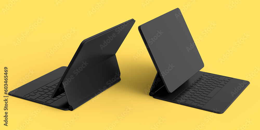 Poster set of computer tablet with keyboard and blank screen isolated on yellow