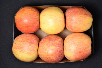 Red and yellow apples on a black background. Delicious apples close-up.