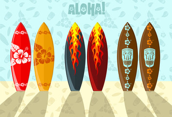Vector illustration of aloha surf boards on the beach © Designpics