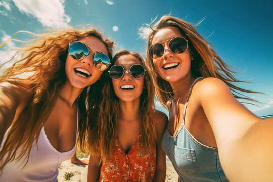 Cheerful girls friends in summer clothes taking selfie. AI