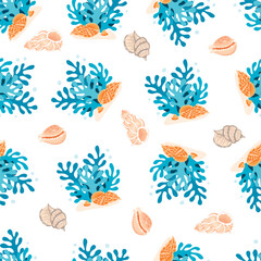 Seashells and corals seamless pattern.Different types of mollusks are arranged chaotically on a white background.Colorful aquatic underwater print on fabric and paper.Vector cartoon flat illustration.