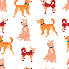 Obraz na płótnie Canvas Dogs in various poses seamless pattern. Pets in beige, brown and red colors.Animals background for printing on fabric and paper.Endless wallpaper,cover.Vector flat style cartoon illustration on white.