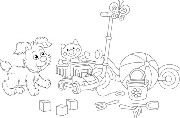 Merry grey puppy playing with a butterfly flittering over funny colorful toys on a playground in a summer park, vector cartoon illustration isolated on a white background