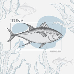 Seafood banner with hand drawn tuna fish and seaweed. Sketch style marine designs template. Best for restaurant menu, seafood market designs. Vector illustration.