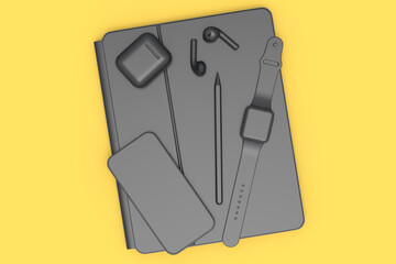 Computer tablet with stylus, smartwatch phone and headphone on yellow background