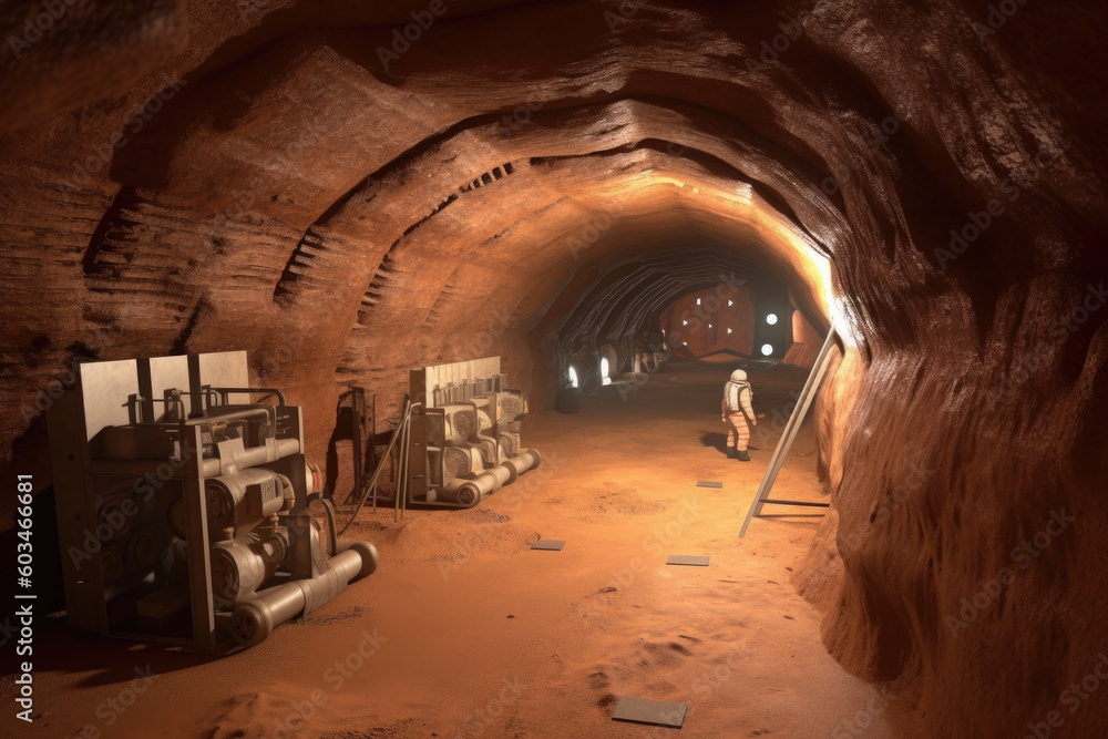 Poster mars colonization, space planet colony underground for protection from radiation. research base in c